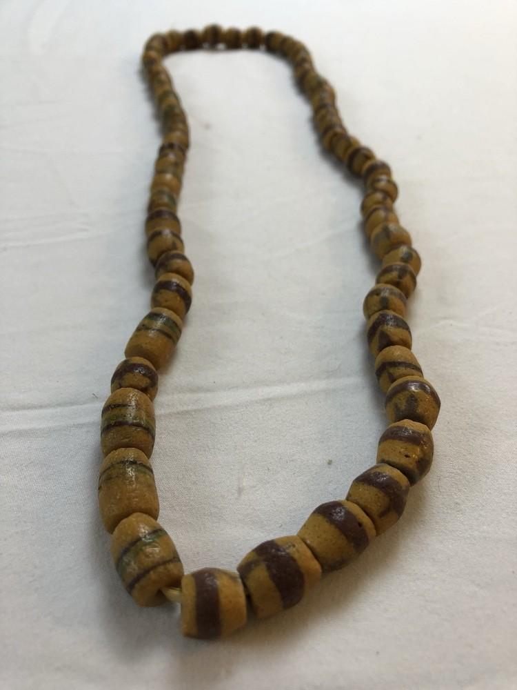 Vintage Hand Painted Wooden Bead Necklace Brown Tan Tribal Boho Ethnic 22”