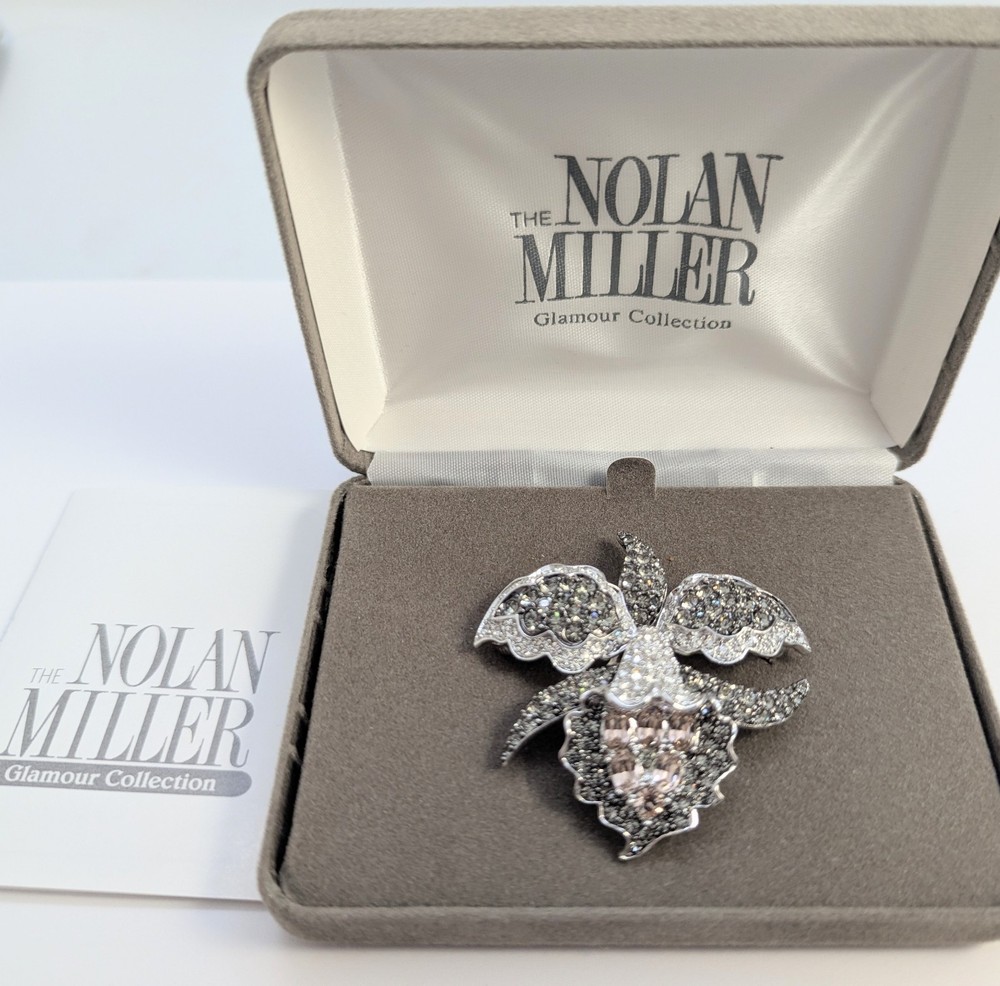 Nolan Miller Signed Orchid Flower Crystal Brooch Pink Clear Smoky Gray In Box