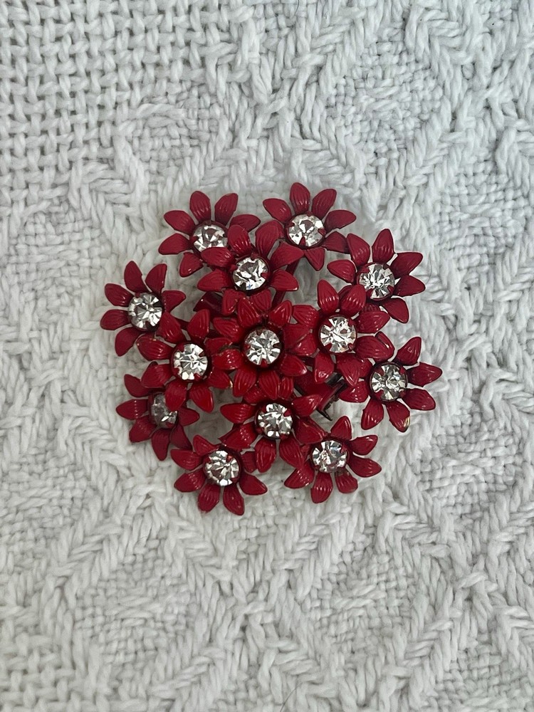 Vintage Red Daisy Flower Brooch Pin Rhinestone Center