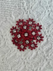 Vintage Red Daisy Flower Brooch Pin Rhinestone Center