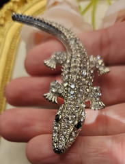 Vintage Alligator Crocodile Crystal Brooch Pin Rhinestone Staement Silver Tone