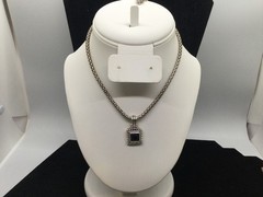 Roman Signed Black Glass Rhinestone Silver Toned Necklace