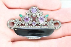 VINTAGE FLOWER BASKET ONYX AMETHYST MARCASITE STERLING SILVER BROOCH 925 DECO