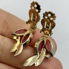 Vtg Midcentury Pink Marquise Rhinestone Yellow Enamel Climber Earrings Clip Claw