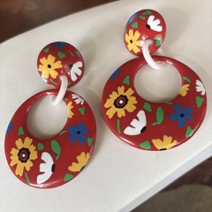 80’s Chunky Big Floral Colorful Earrings Folk Art Retro Boho Pierced Earrings