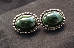 Vintage Sterling Silver Green Onyx Pebbled Screw Back Signed JJJ Earrings