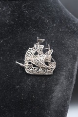 Vtg Brooch Pin Silver 800 Filigree Galleon Masted Ship Brooch Exquisite Detail