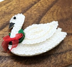 Swan Brooch Christmas Pin Sequin White with Wreath around Neck 2.25 in ELEGANT