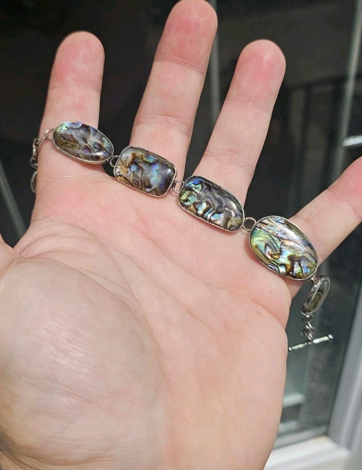 VINTAGE ABALONE 925 STERLING SILVER BRACELET 7+8 Inch Adjustable GORGEOUS…
