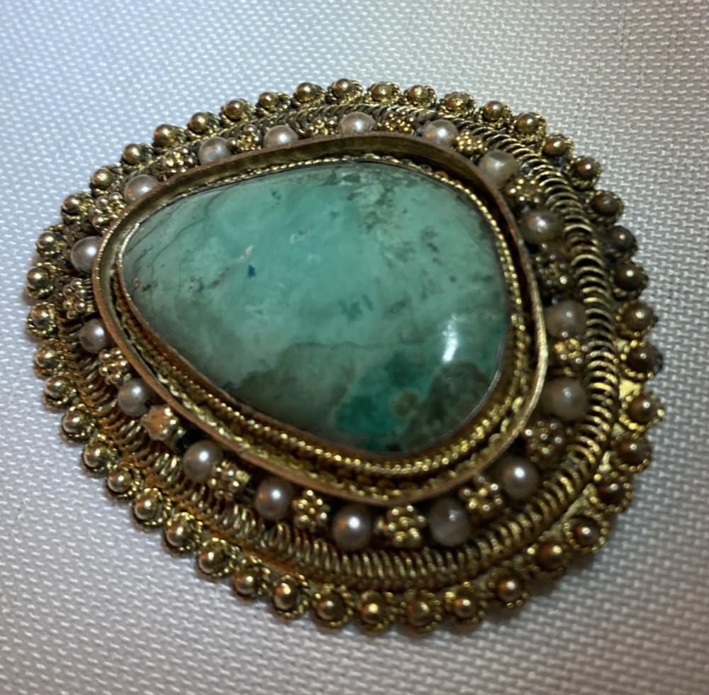 Brooch .935 Silver Turquoise Pearl Pendant 1.75″
