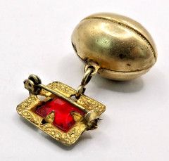 Antique Gold Tone & Brass Football Dangle 1.25″ Pin Brooch Red Glass