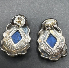 Vintage 925 Sterling Silver Marcasite Blue Inlay Earrings Thailand Art Deco