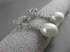 ANTIQUE DIAMOND 11M OVAL SEA PEARL 14K WHITE GOLD HANGING FILIGREE EARRINGS #836