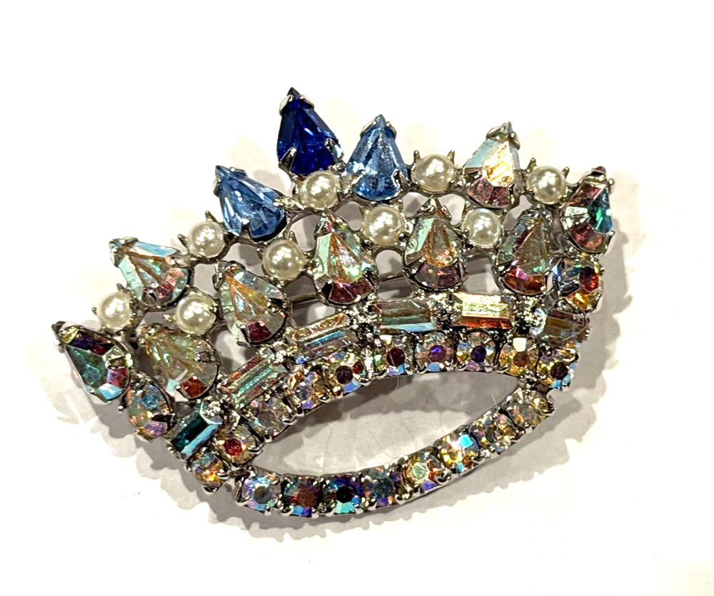 B. DAVID AB RHINESTONES FAUX PEARL BLUE IRIDESCENT CROWN TIARA BROOCH PIN EUC