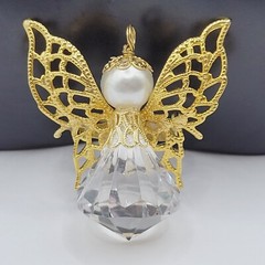 Angel Filigree Wings Gold Tone Faux Pearl Acrylic Vintage Pendant Brooch Pin