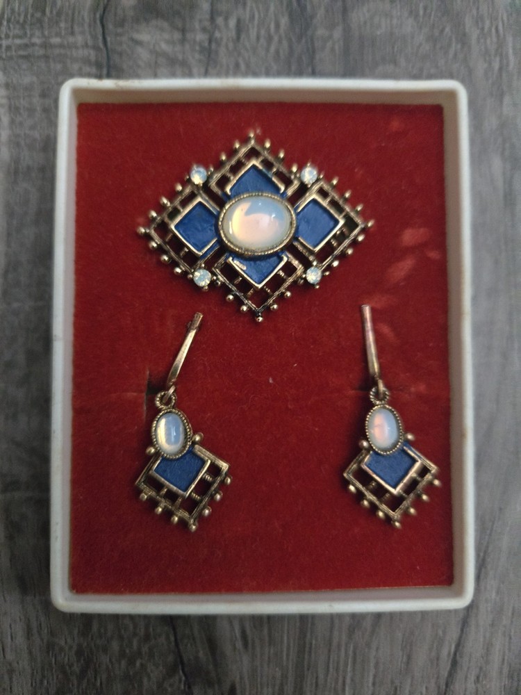 Vtg Brooch & Clip On Earrings Set Glass Cabochon Geometric Art Deco Revival MCM