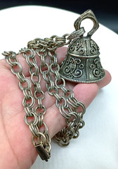 Vintage Art Pepper Necklace Bell Pendant Silver Tone Chunky Raised Detail Signed