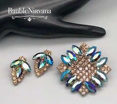 Vintage AB Iridescent Peacock Blue/Green Stones&Brown Square Pin&Earrings Set