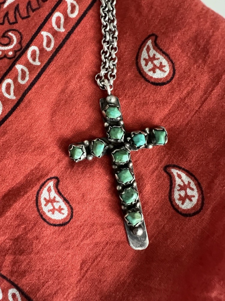 RRL Double RL Vintage Collection Sterling Silver Navajo Turquoise Cross Necklace