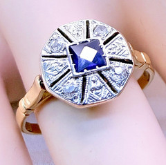 Vintage 18ct Yellow Gold Sapphire Diamond Ring Art Deco Octagonal Size 8