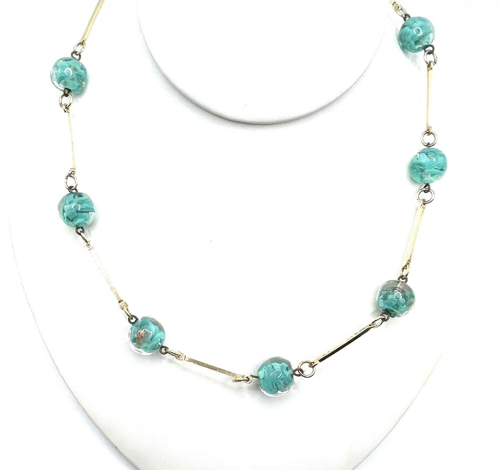 Murano Sommerso Lampwork Art Glass Gold Ocean Aqua Beaded Station Necklace VTG