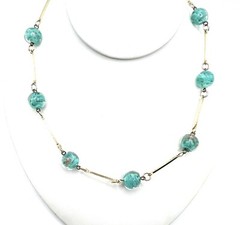 Murano Sommerso Lampwork Art Glass Gold Ocean Aqua Beaded Station Necklace VTG