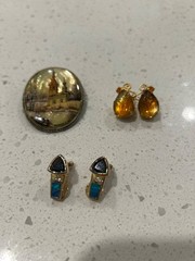 Russian Miniature Lacquer Brooch, Amber Glass Enamel Clip Earrings, Inset Clip
