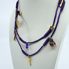 VTG Purple Silk Cord Multi Charm Layered Necklace Gold Tone Key Heart Italian