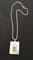 Vintage Mens Viking Horned Helmut Gold Tone Pewter Pendant Necklace Chain 18 in