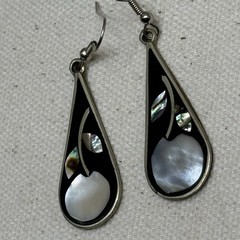 Alpaca Mexico Earrings – Teardrop Dangle with Shell Inlay and Black Enamel