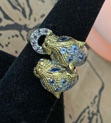 Thai White & Yellow Gold Vermeil Tanzanite & Rhodolite Garnet Snow Leopards Ring