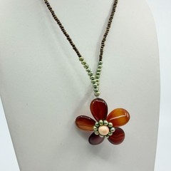 Vintage Brown Orange Flower Pendant Necklace Beaded Boho Statement Retro Y2K 90s