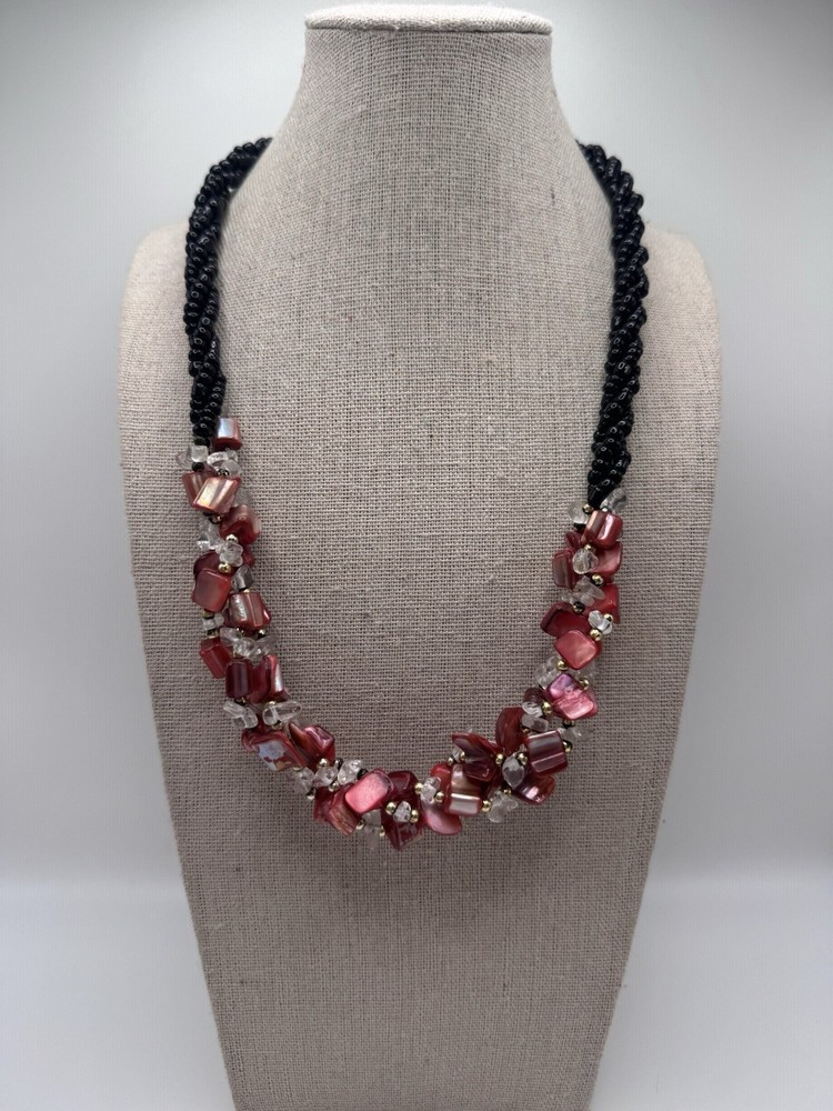 Vintage Black Twist Glass Seed Bead Dyed Shell Quartz Beaded Collar Necklace