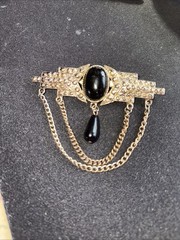 Vintage Goldtone Bar Brooch 2 Hanging Chains & 2 Black Stones Old Fastener