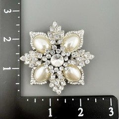 Vintage Rhinestone Brooch Pendant Domed Faux Pearl Snowflake Flower Silver Tone