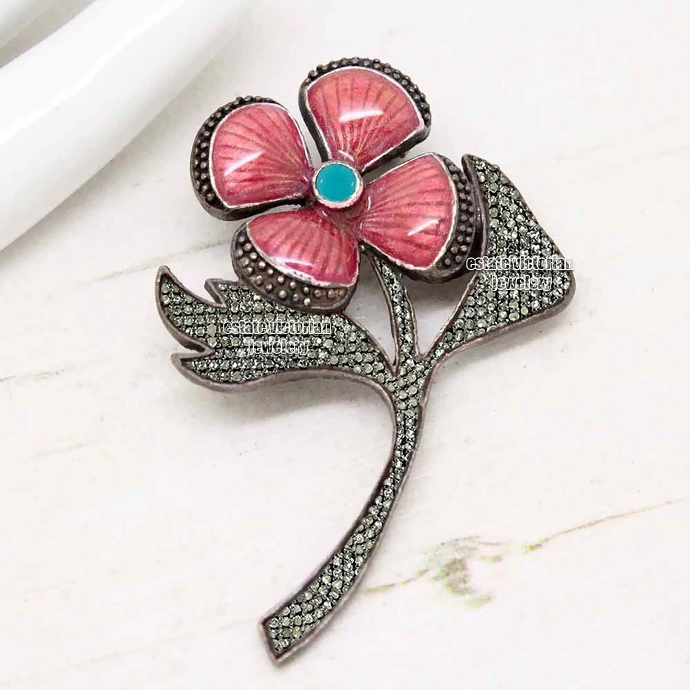 Stunning 2.90Ctw Rose Cut Diamond Turquoise Enamel Silver Vintage Brooch Jewelry