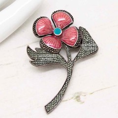 Stunning 2.90Ctw Rose Cut Diamond Turquoise Enamel Silver Vintage Brooch Jewelry