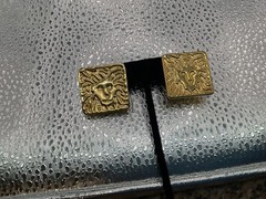 VTG Anne Klein Chunky Gold Tone Square Shape Lion Logo Stud Statement Earrings
