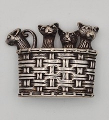 Vintage ~ Jezlaine ~ 925 Sterling Silver Cat Brooch ~ Kittens in a Basket