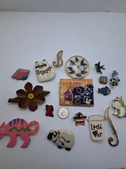 Vtg Lot (17) Pins Lapels Funky Eccentric Cat Flower Dog Handmade Latte Animals