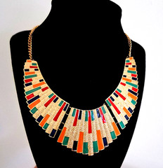 Vintage Egyptian Revival Bib Necklace Gold Tone Enamel Cleopatra Collar Art Deco