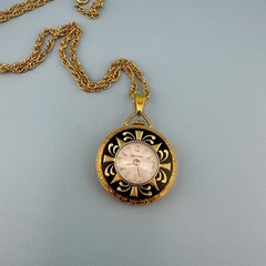 Vintage Lucerne Watch Pendant Necklace Gold Tone Floral Etched Ornate 24″ READ