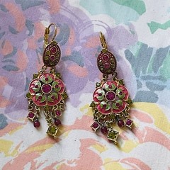Vintage Avon Nina Ricci SP Silver Plate Pierced Earrings Pink Green Rhinestones