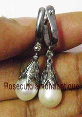 NEW ARTDECO VINTAGE 0.68ct ANTIQUE ROSE CUT DIAMOND SILVER PEARL DANGLE EARRINGS