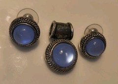 Vintage Pastel Blue Moonglow Lucite Pendant and Earring Trio Set Silver Tone