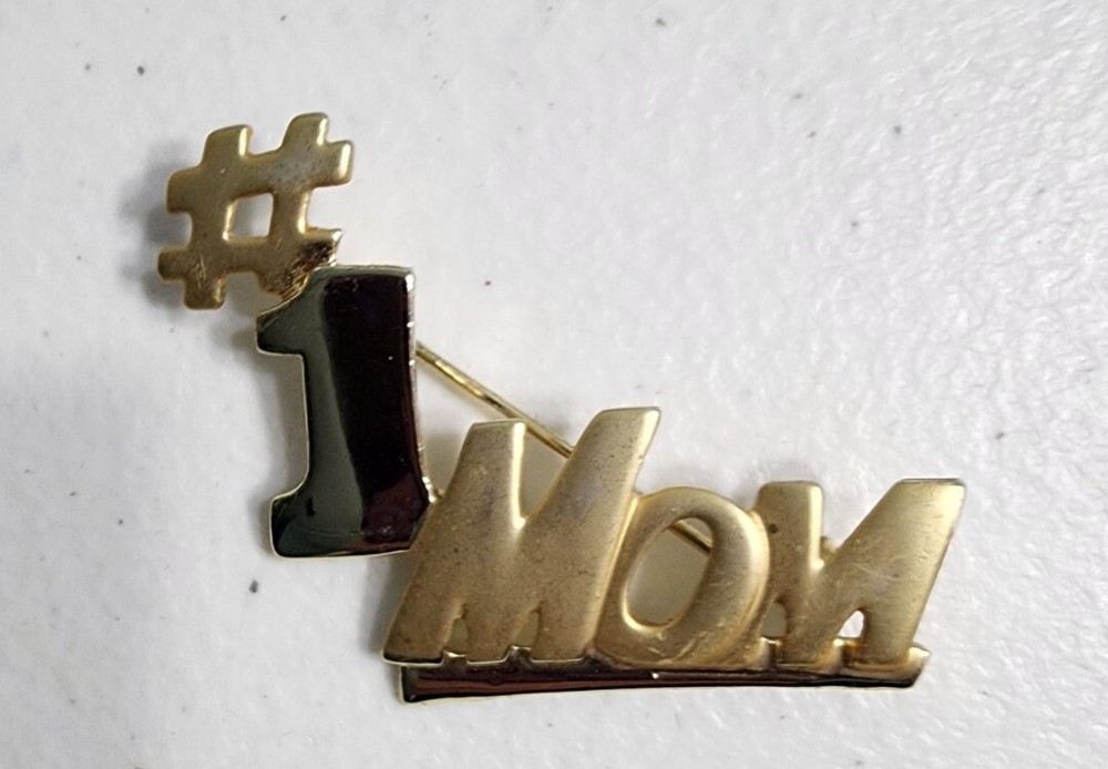#1 Mom Pin Brooch Mother’s Day Jewelry Gift Shiney & Matte Gold Signed AJC