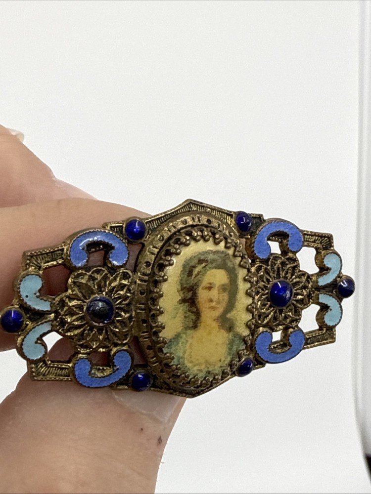 Antique Edwardian Portrait Brooch Blue Enamel C Clasp C1900 Vtg Cameo Brass