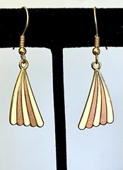 Vintage Art Deco Coral & Cream Fan Enamel Dangle Earrings Geometric Gold Tone