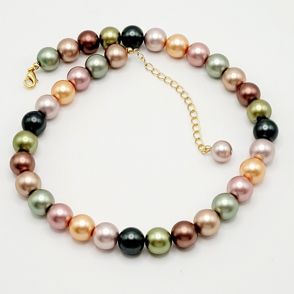 Lustrous Pastel Metallic Coated Glass Faux Pearls Earthy Jewel Tones 19 Inch