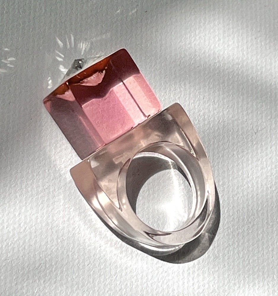 Vintage Lucite Ring Size 7.75 Coral Peach Rhinestone Modern Chunky Cubism Unisex